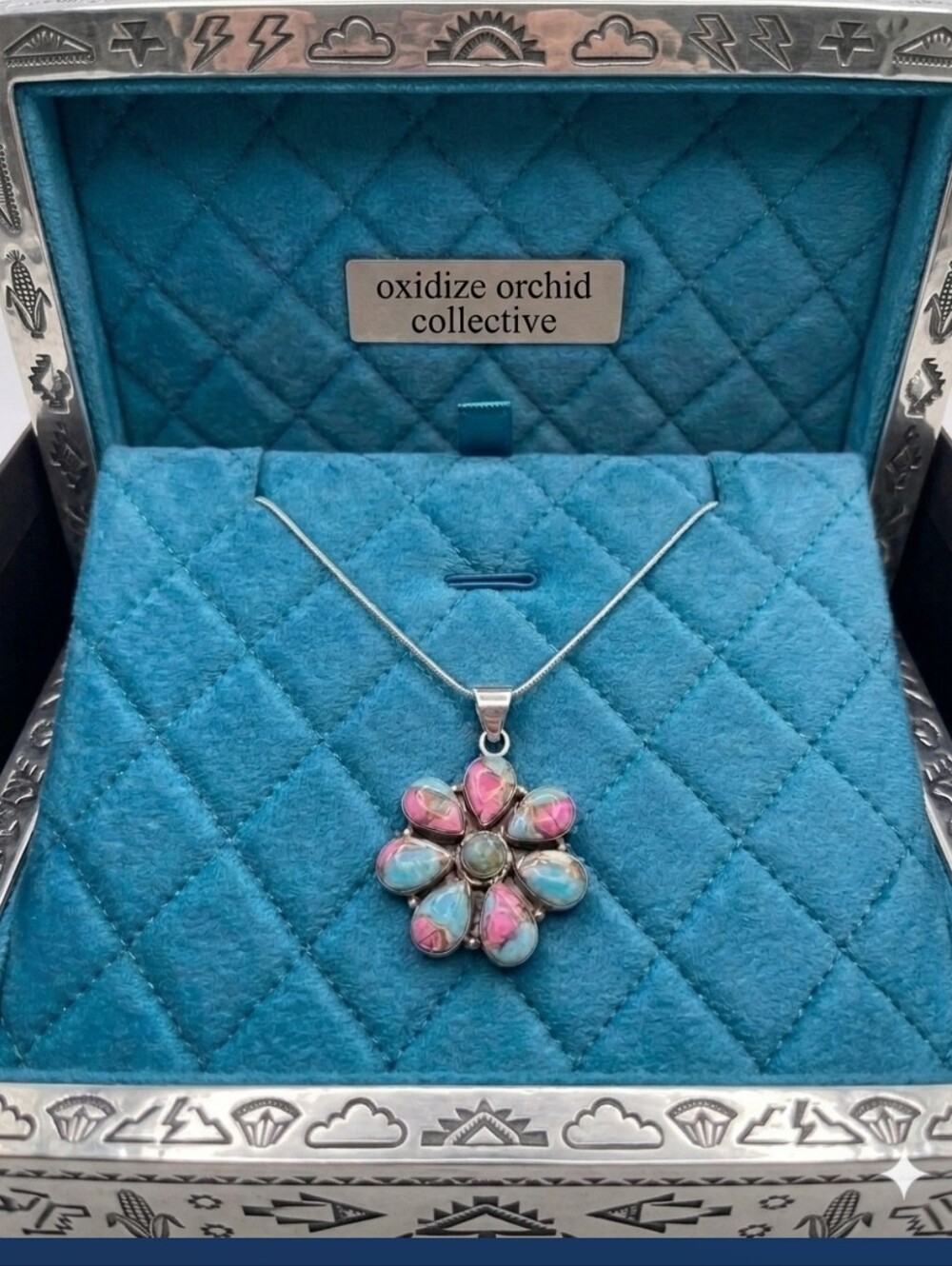 NWT 925 Sterling Silver Cotton Candy Dahlia Turquoise Flower Pendant Necklace